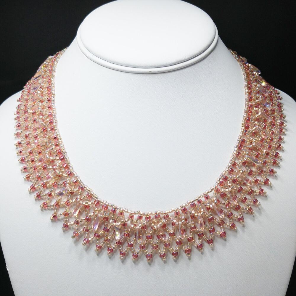 Vintage Artisan Beaded Collar Necklace, Czech Glass Beads, Shades of Pink, 17 In